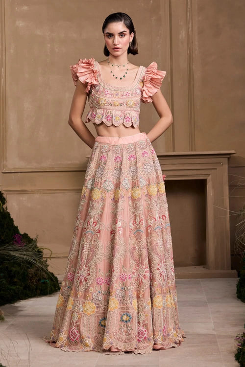 Soft Pink Contrast Embroidered Lehenga Set