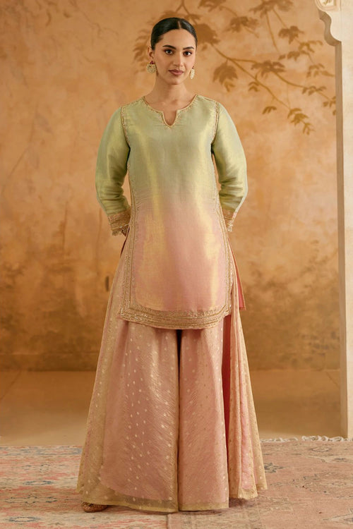 Mint Zari Tissue Kurta With Sharara
