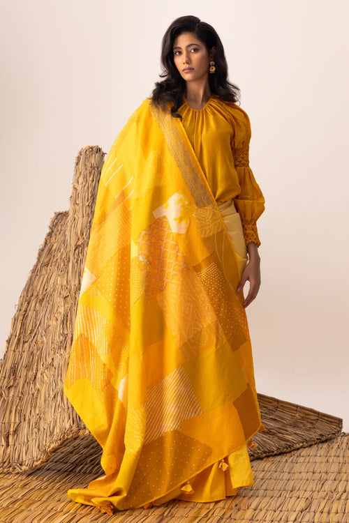 Yellow Bandhani Patchwork Saree