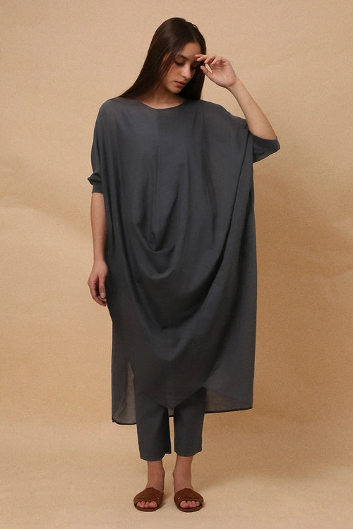 Ash Gray Rib Mul Cowl Tunic Co-ord Set