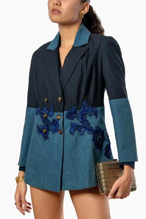 Denim And Stripe Suiting Colorblock Blazer With Floral Motifs