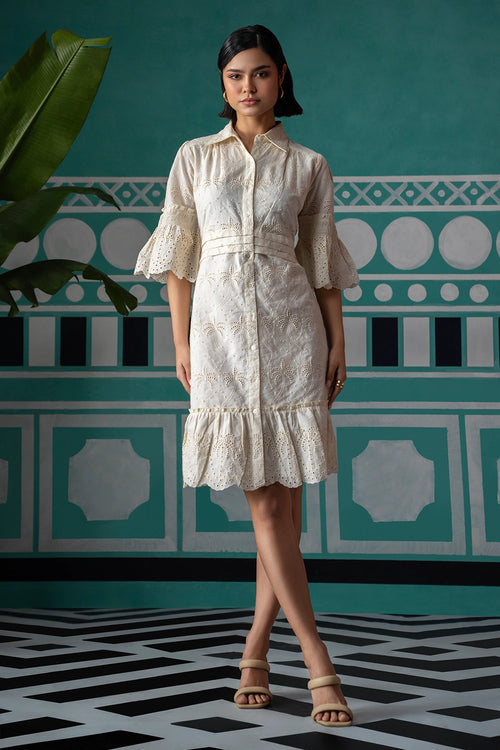 Creme All Over Palm Broderie Shirt Dress