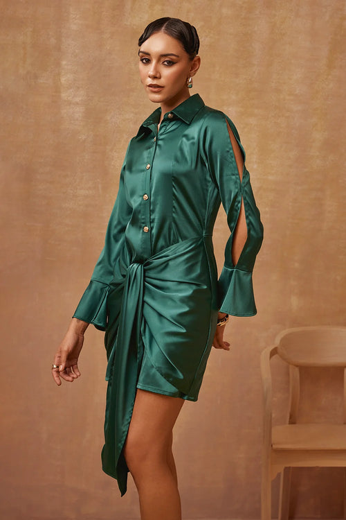 Emerald Green Tie-up Satin Dress