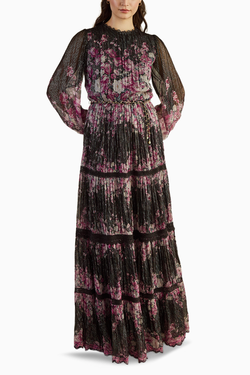 Black Printed Panelled Dress with Chain Belt