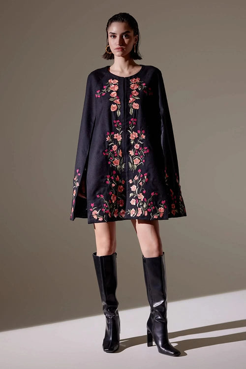Midnight Black Bloom Cape Dress