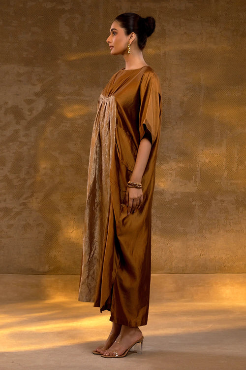 Agneya Dark Amber Silk and Crushed Tissue Kaftan Dress