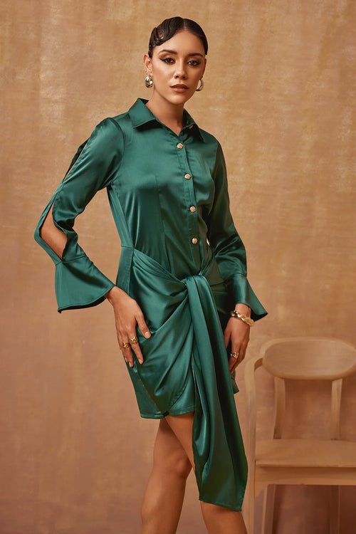 Emerald Green Tie-up Satin Dress