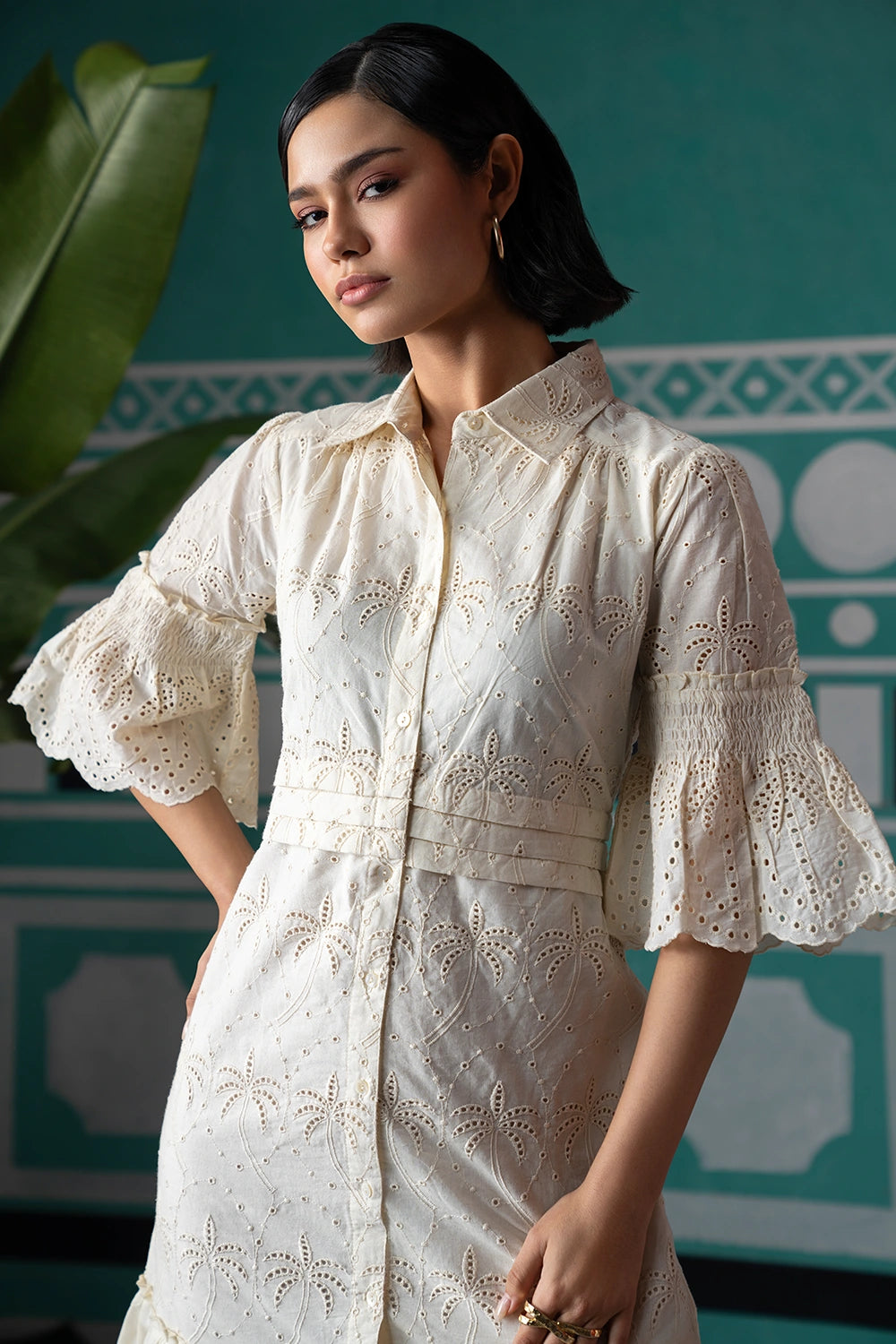 Creme All Over Palm Broderie Shirt Dress