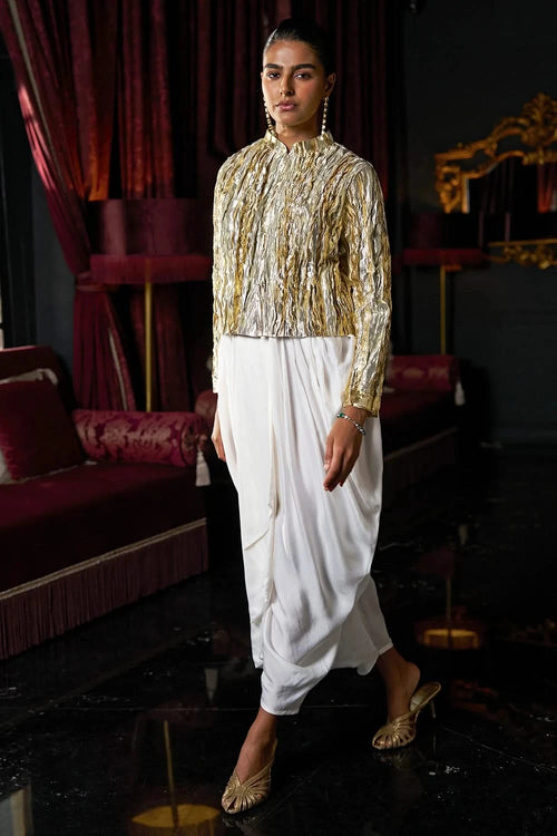 Crushed Gota Weave Bolero & Ivory Cowl Pant