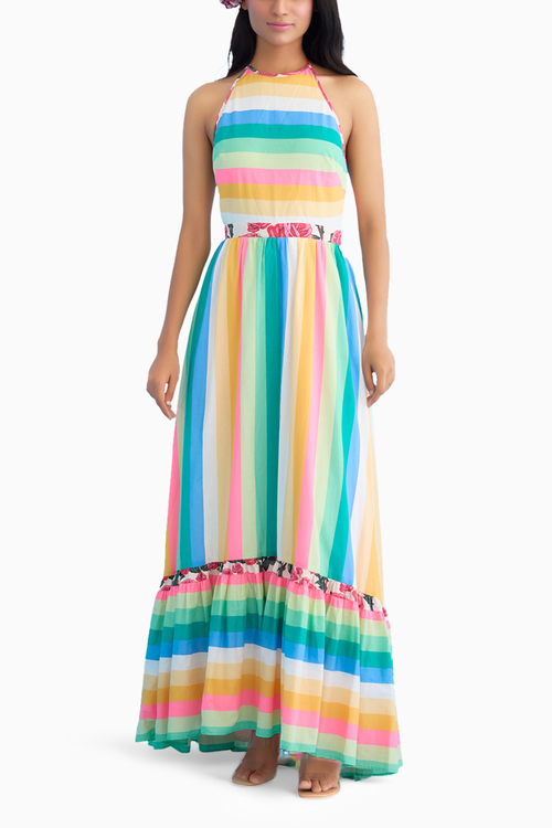 Rainbow Stripes Halter Maxi Dress