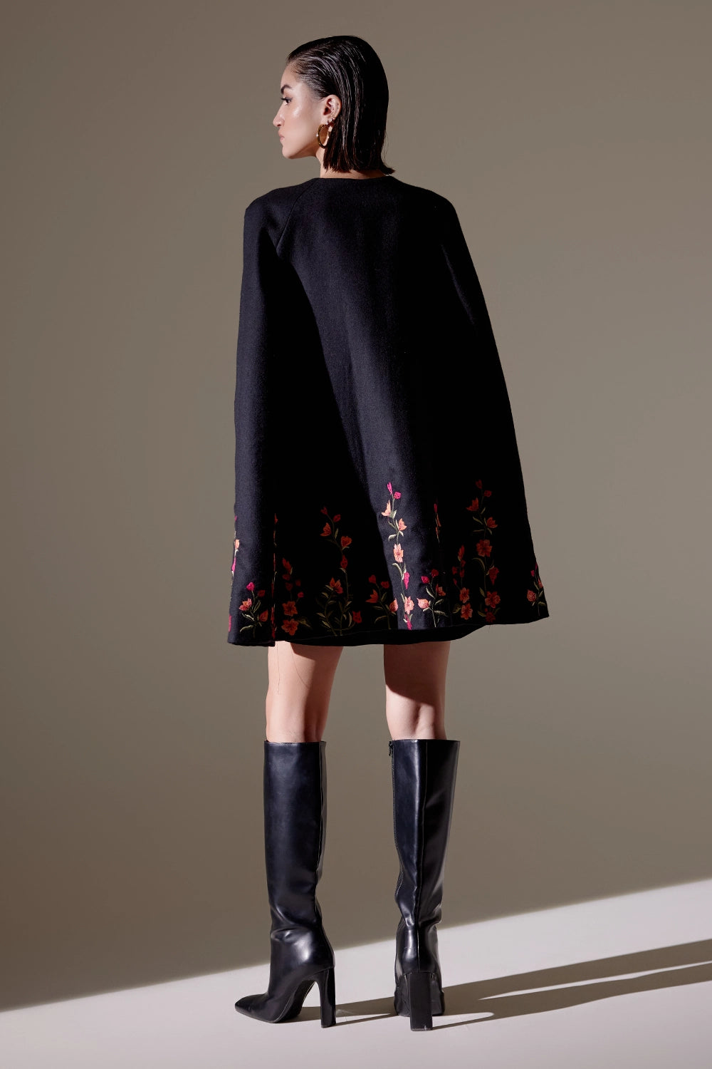 Midnight Black Bloom Cape Dress