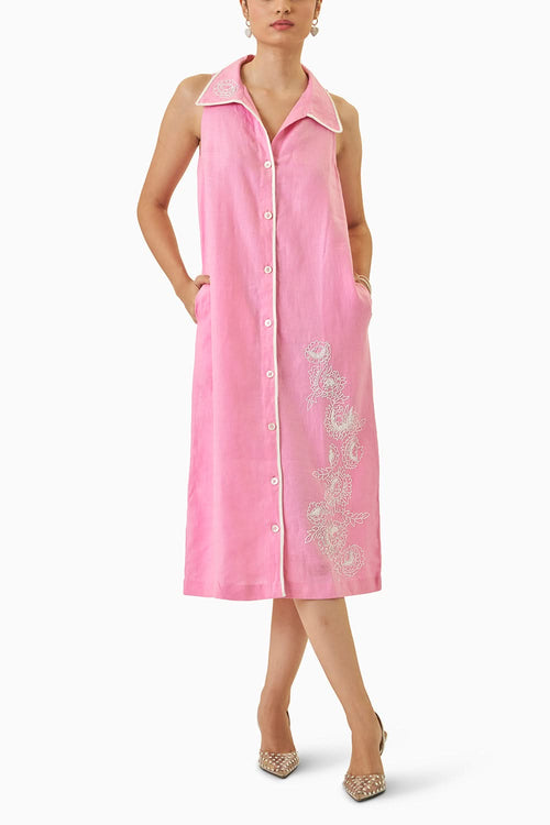 Pink Hand Embroidered Shirt Dress
