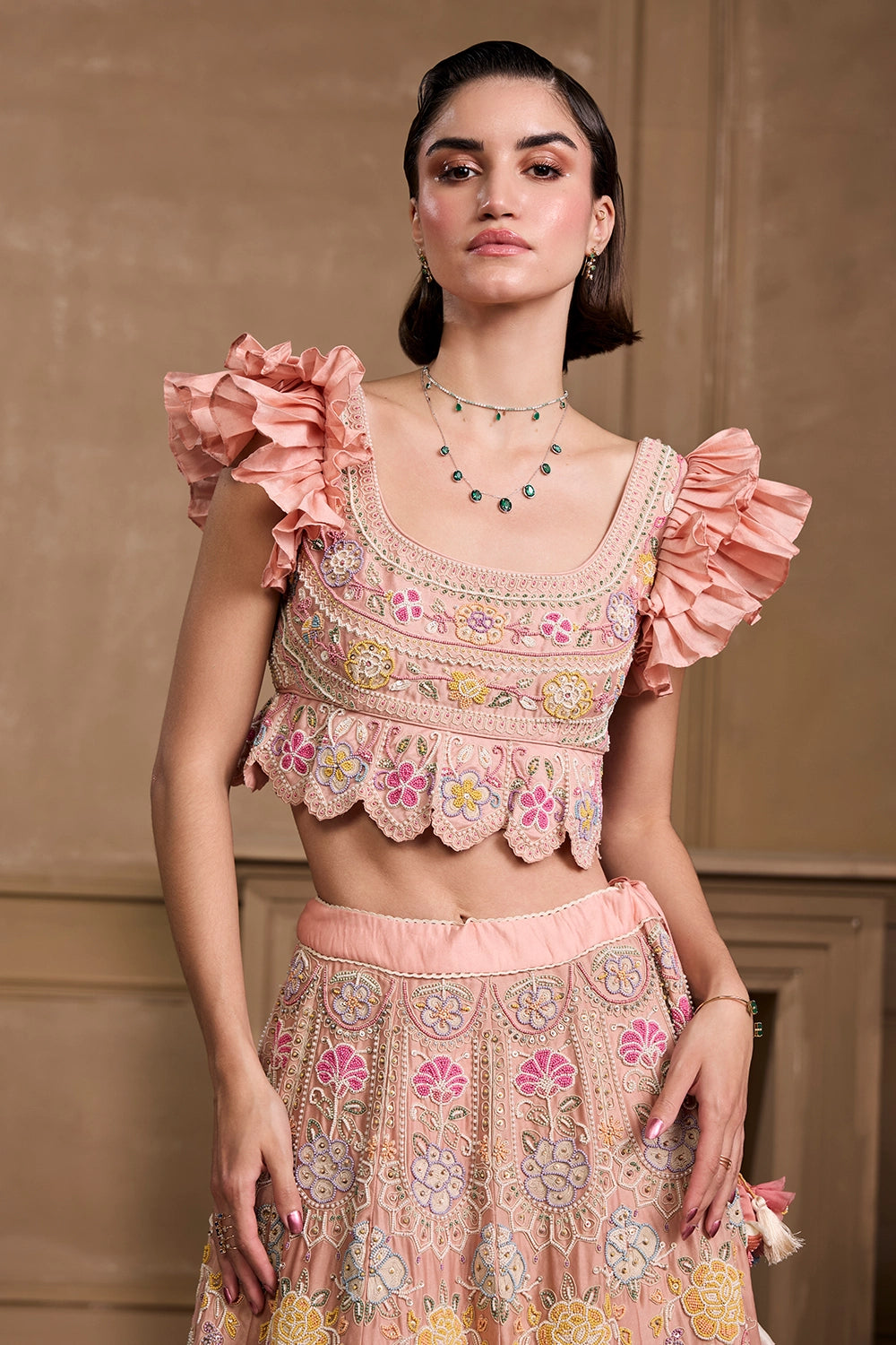 Soft Pink Contrast Embroidered Lehenga Set