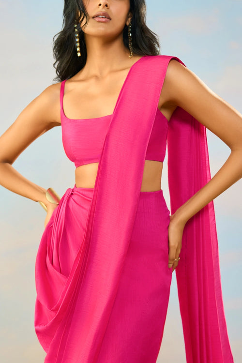 Textured Fuchsia Strappy Bandeau And Sari Set
