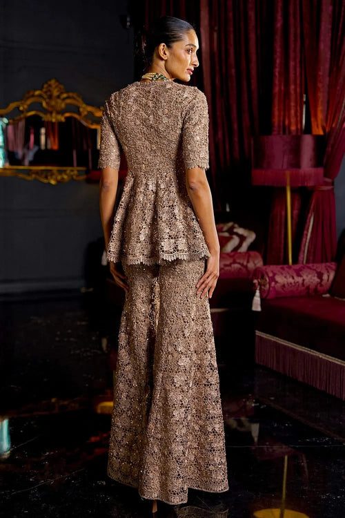 Embroidered Lace Peplum Top and Pant Set