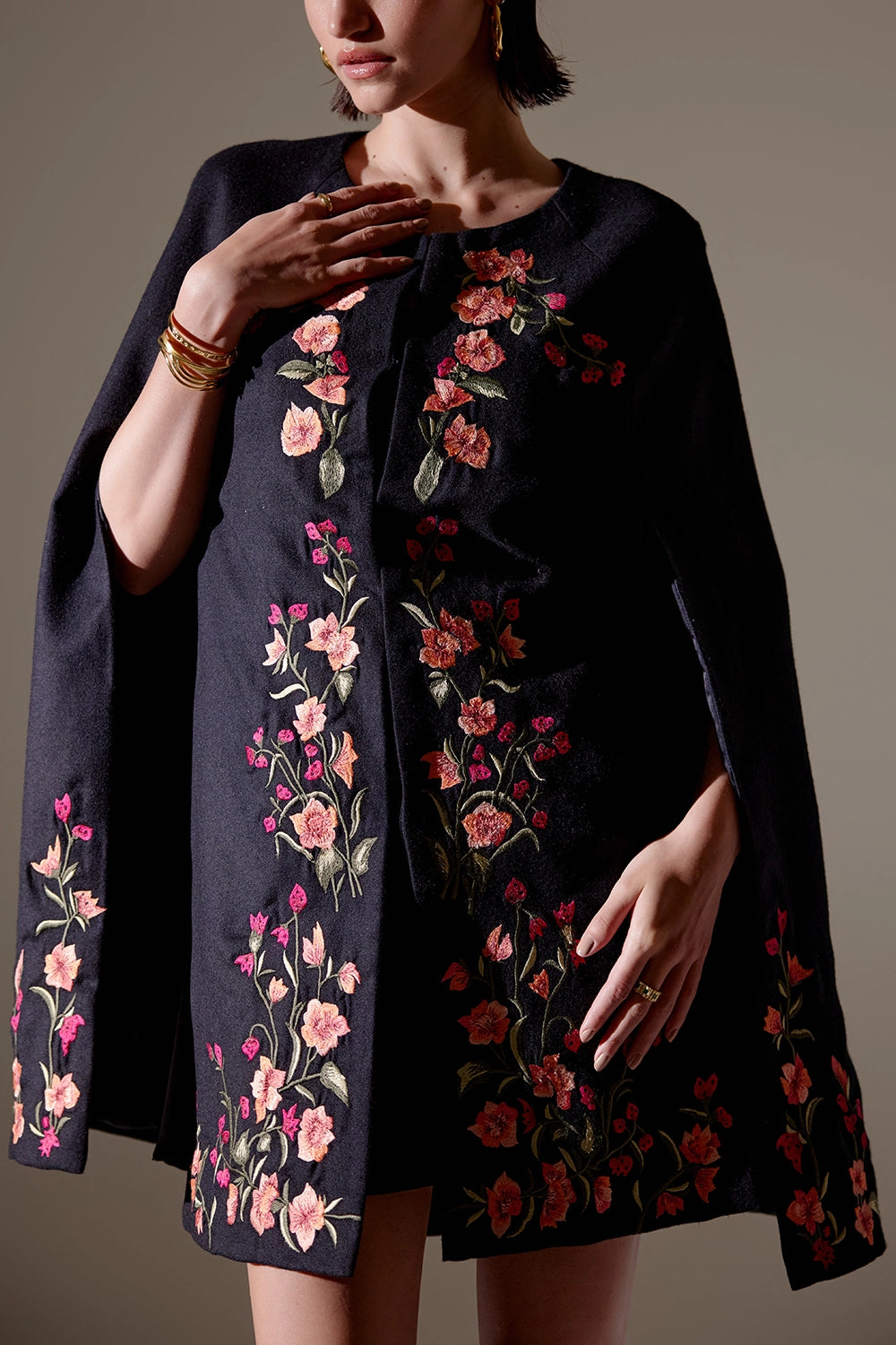 Midnight Black Bloom Cape Dress