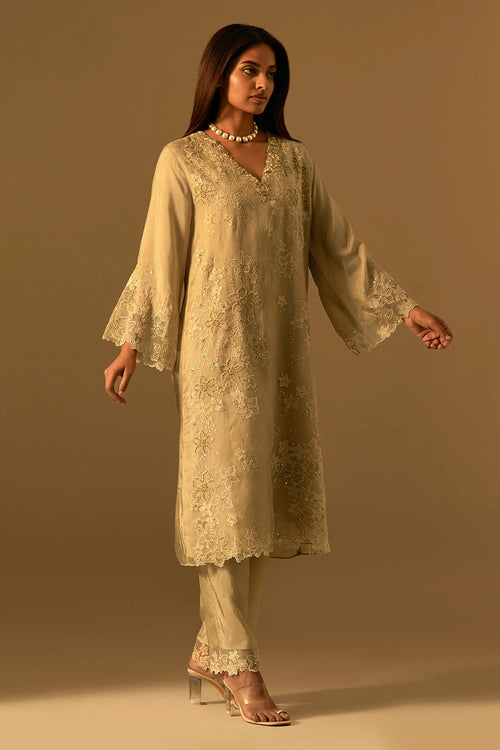 Shell Floral Threadwork Organza Kurta Set