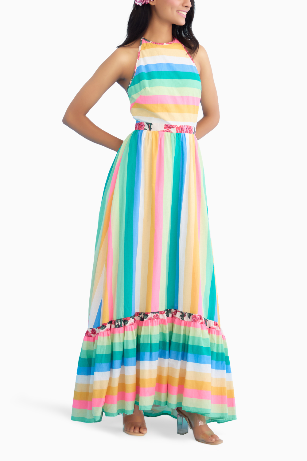 Rainbow Stripes Halter Maxi Dress