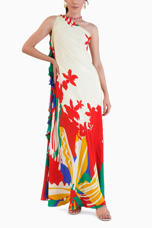 Valiant Red Printed One Shoulder Dress With Frill Detail