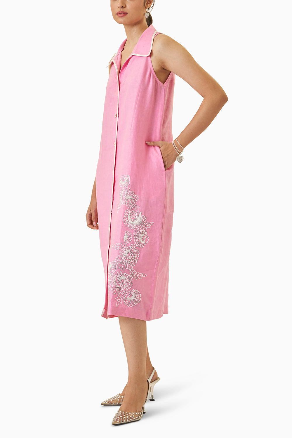 Pink Hand Embroidered Shirt Dress