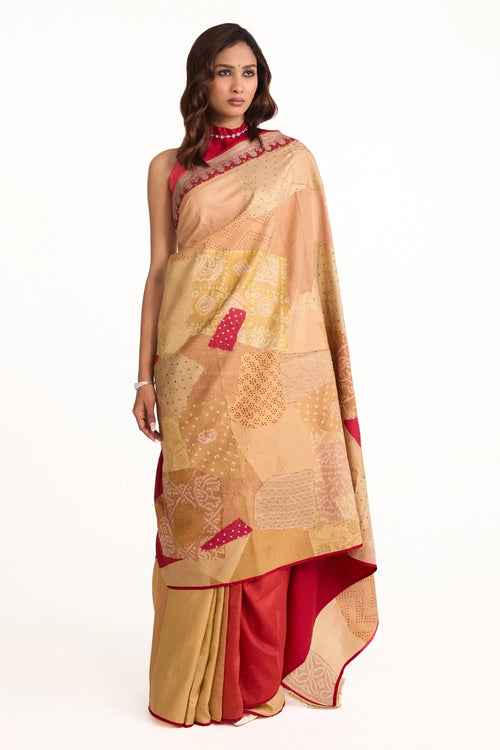 Beige Boro Bandhani Silk Saree