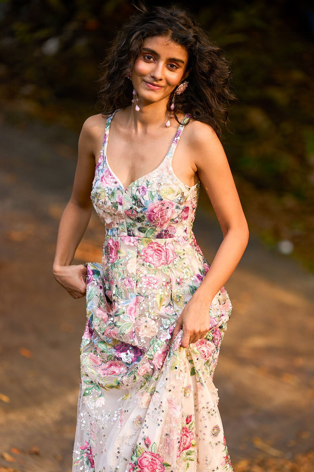 Floral Sequin Mesh Gown