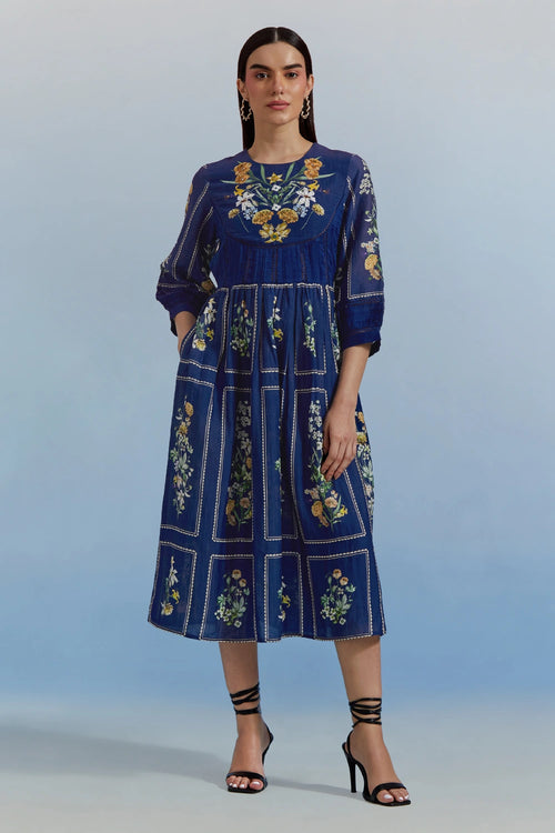 Blue Bouquet Midi Dress