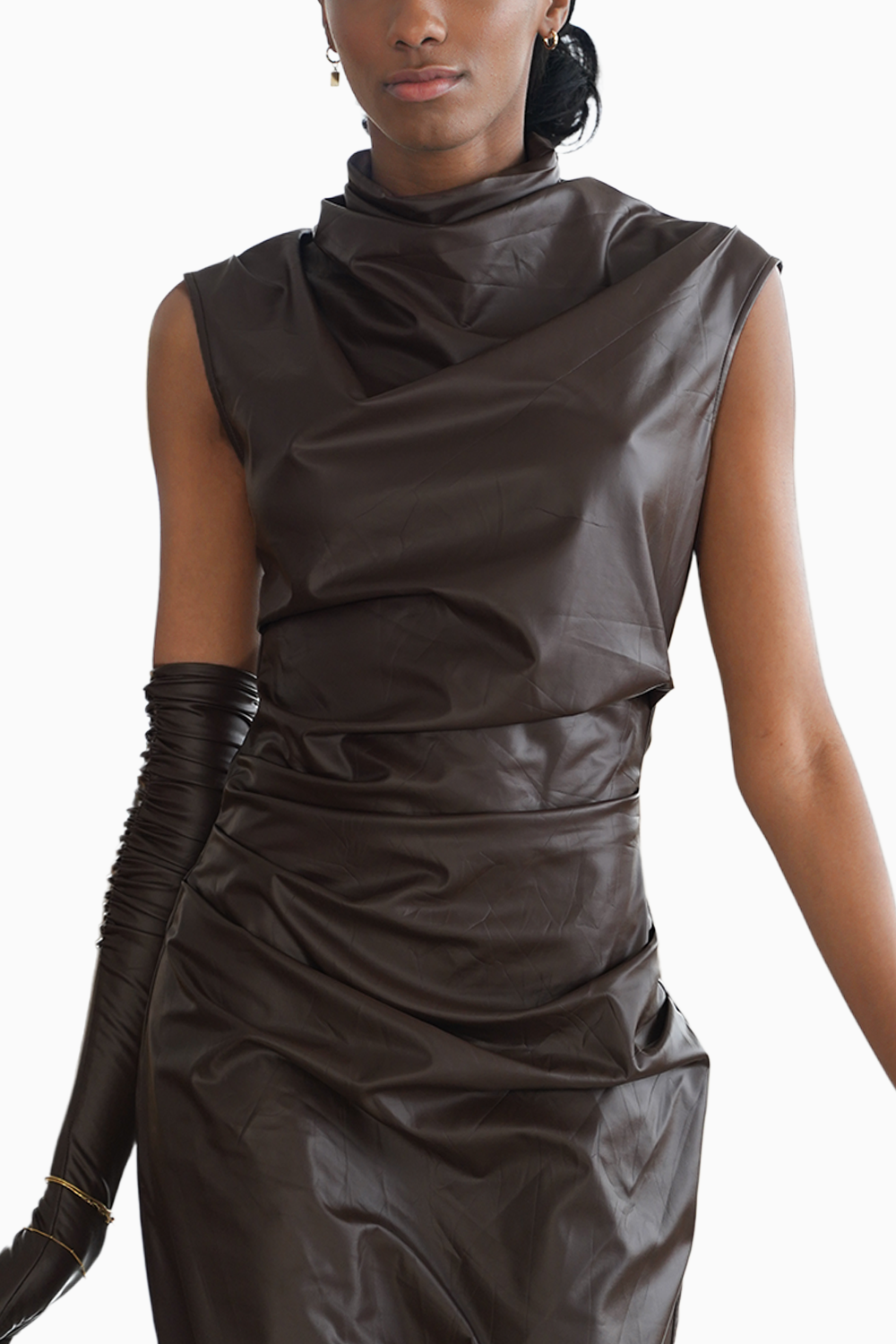 Mocha Faux Leather Draped Midi Dress