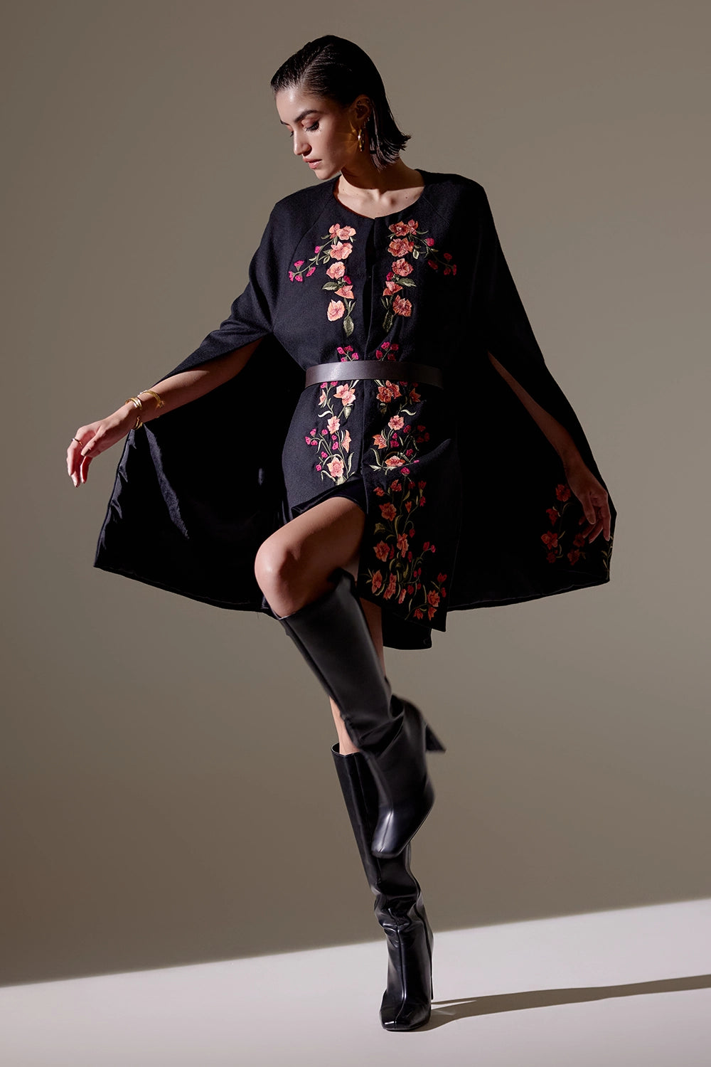 Midnight Black Bloom Cape Dress