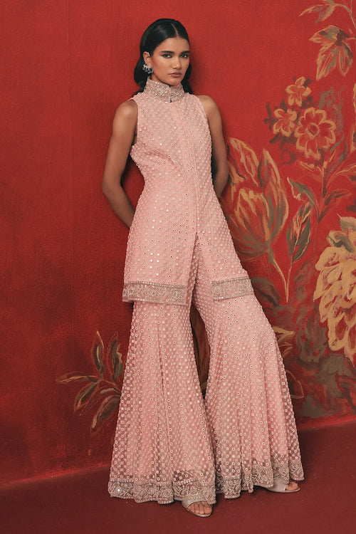 Blush Pink Mirrorwork Bell-Bottom Pants