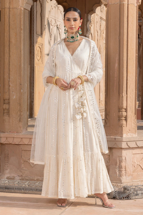 Off White Flower Angrakha with Embroidered Dupatta