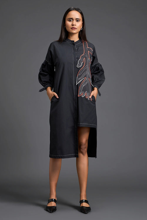 Black Floral Patchwork Shirt Dress