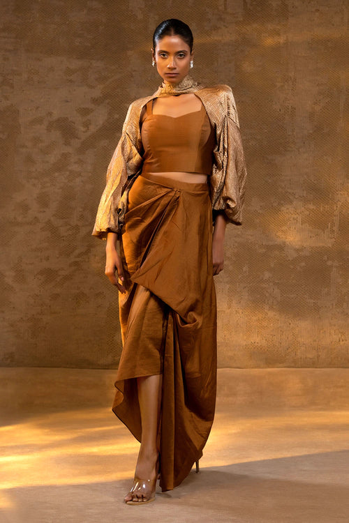 Agneya Dark Amber Silk Draped Skirt with Cape