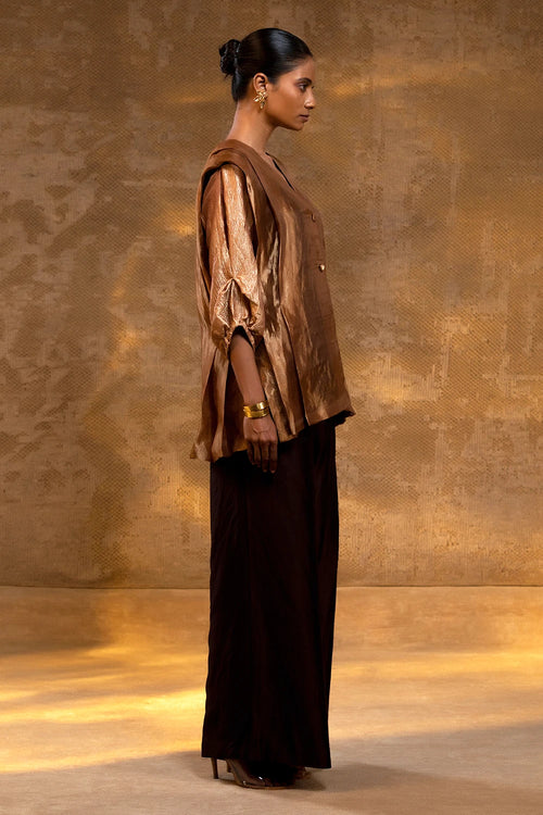 Agneya Dark Amber Layered Silk and Tissue Jacket Set