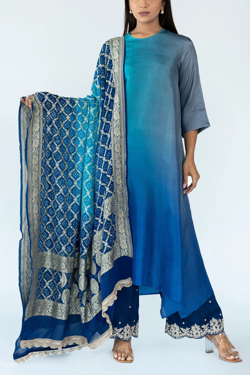 Firozi Grey Ombre Kurta With Dupatta