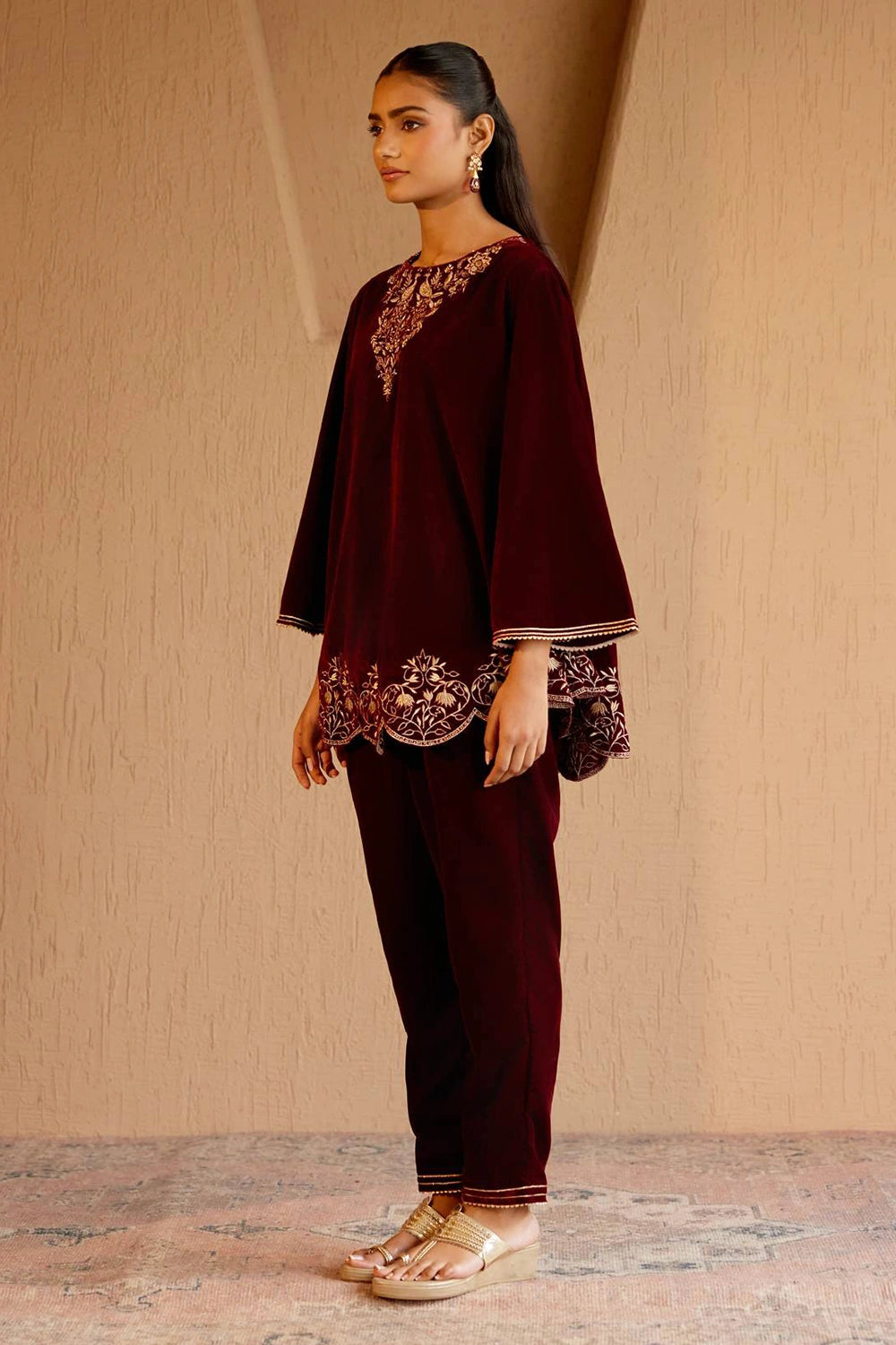 Peacock Velvet Short Kurta With Pants