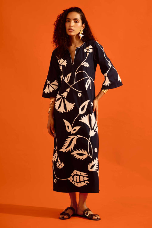 Black Cotton Maxi Dress with Ivory Thread Embroidery