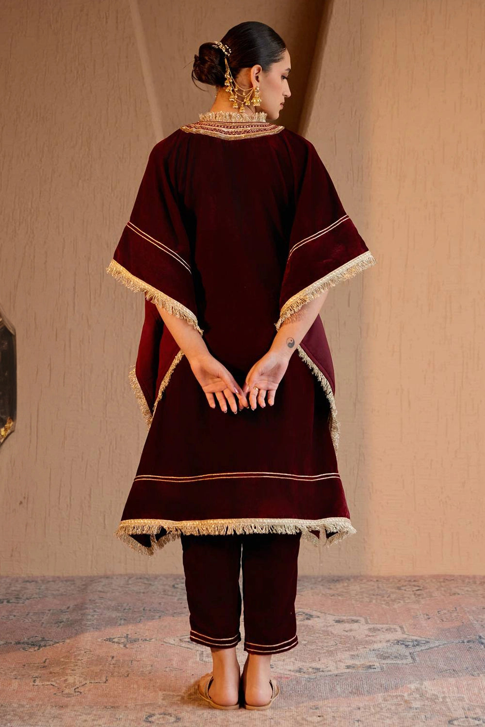 Maroon Velvet Kaftan With Pants