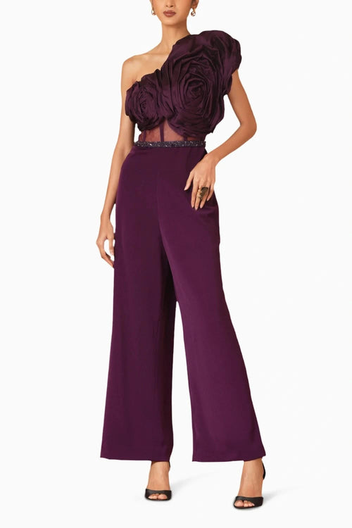 Purple Taffeta Draped Jumpsuit With Belt