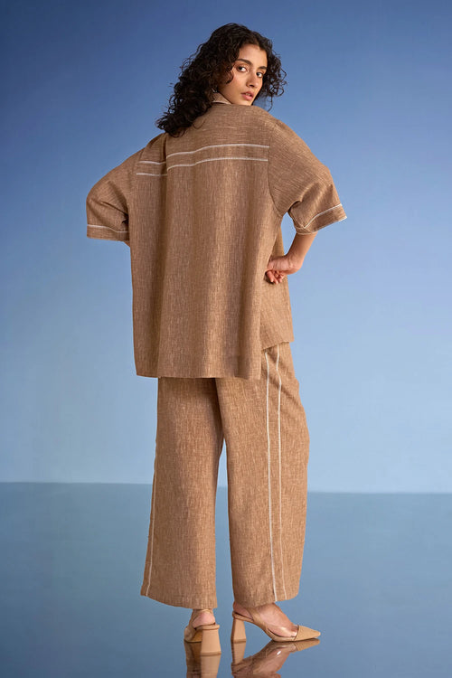 Floral Applique Linen-Textured Shirt and Wide-Legged Pant Set
