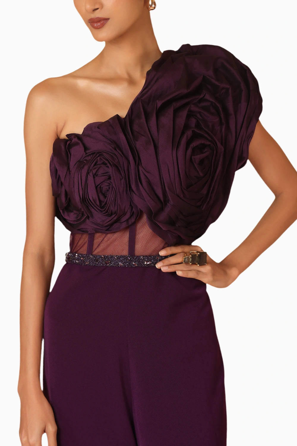 Purple Taffeta Draped Jumpsuit With Belt