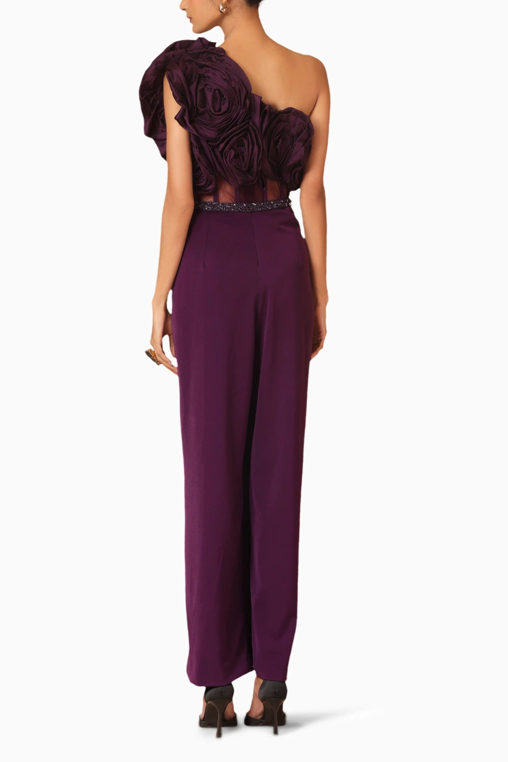 Purple Taffeta Draped Jumpsuit With Belt