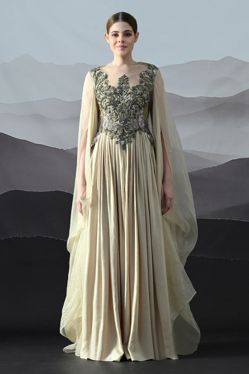 Beige Silhouette With Dense Embroidery And Soft Draping