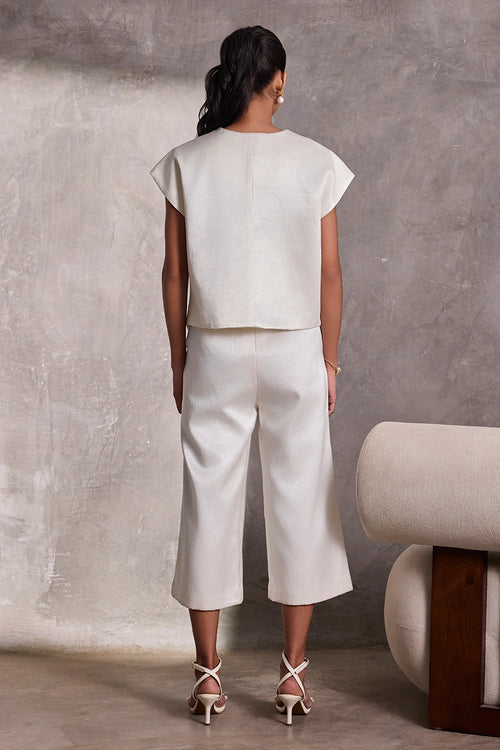 Ivory Gajji Silk Aymmetric Bolero With Ivory Gajji Silk Gaucho Pants