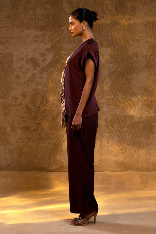 Agneya Deep Wine Silk One Shoulder Draped Set