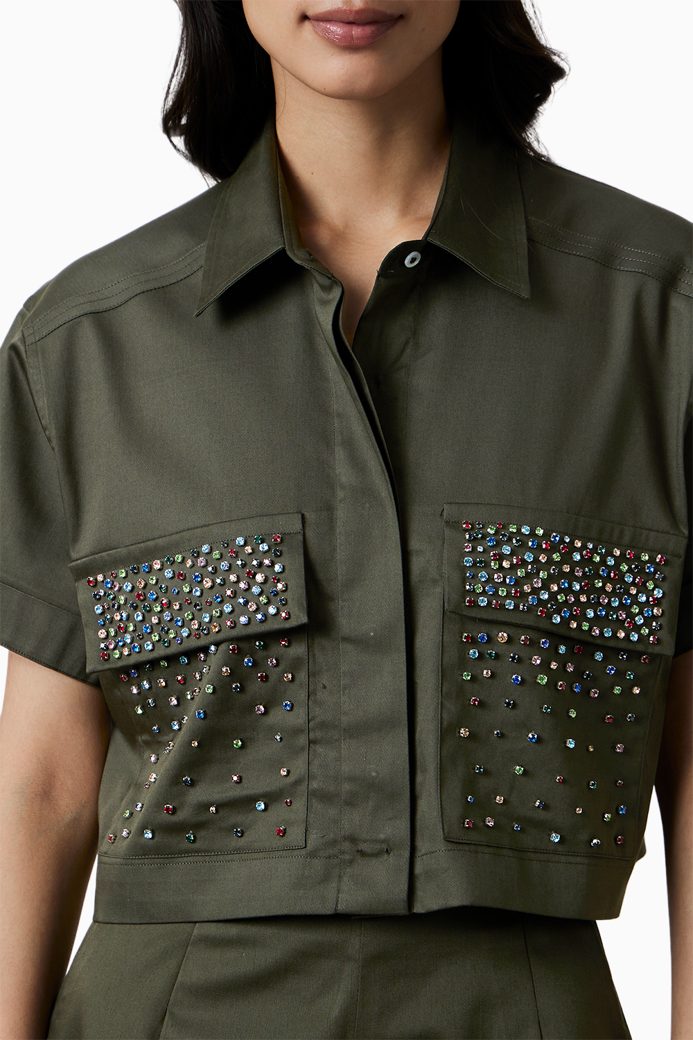 Olive Multicolor Swarovski Studs Shorts Co-ord Set