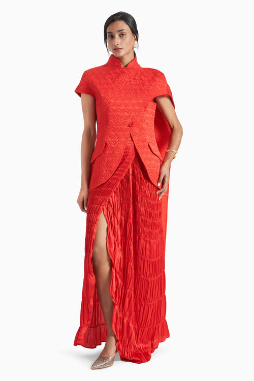 Red Sareesque Quilted Jacket With Smoked Skirt
