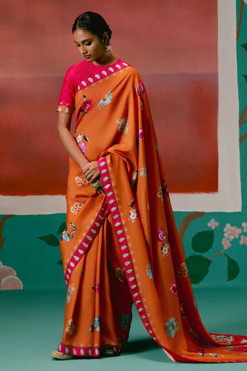 Tangerine and Fuschia Floral Saree