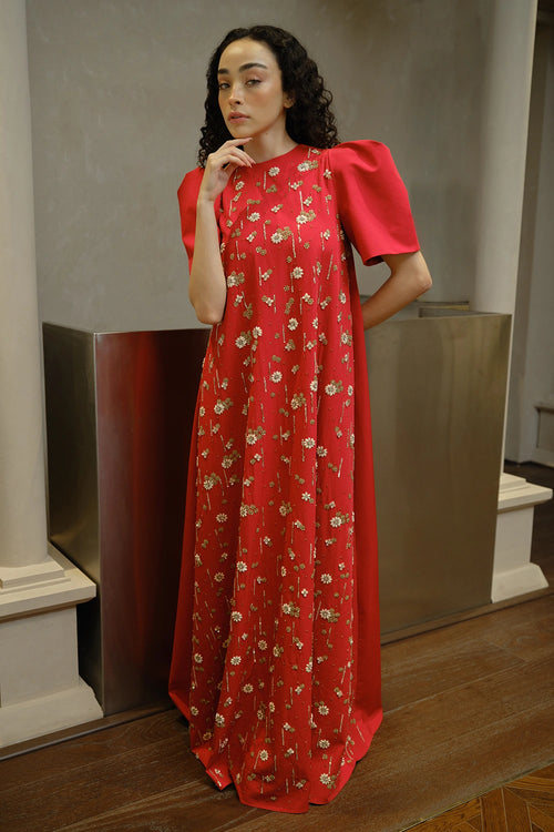 Crimson Red Sequined Floral A-line Gown