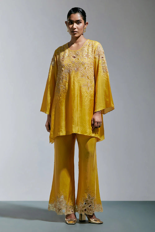 Floral Threadwork Silk Amber Co-ord Set